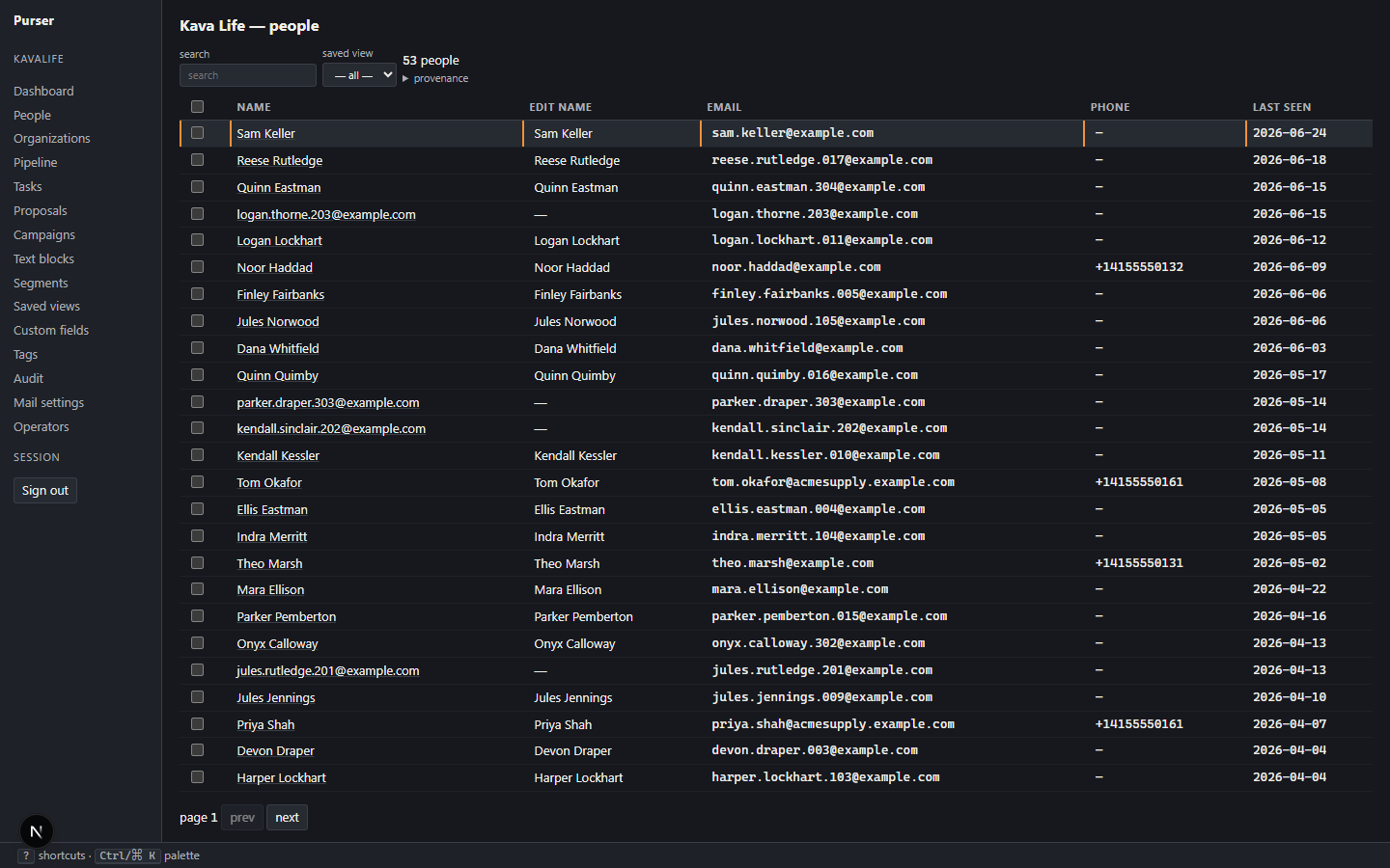 Purser desk: a customer list showing 53 people with names, emails, and last-seen dates