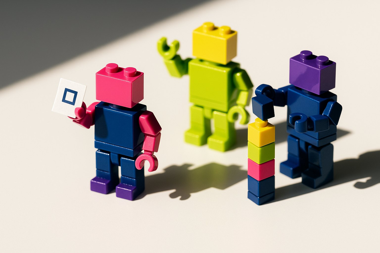 Three small robots built from coloured toy bricks on a white desk: one holds up a paper receipt with a navy stamp, one waits with a hand raised, one stacks a navy brick onto a short column.