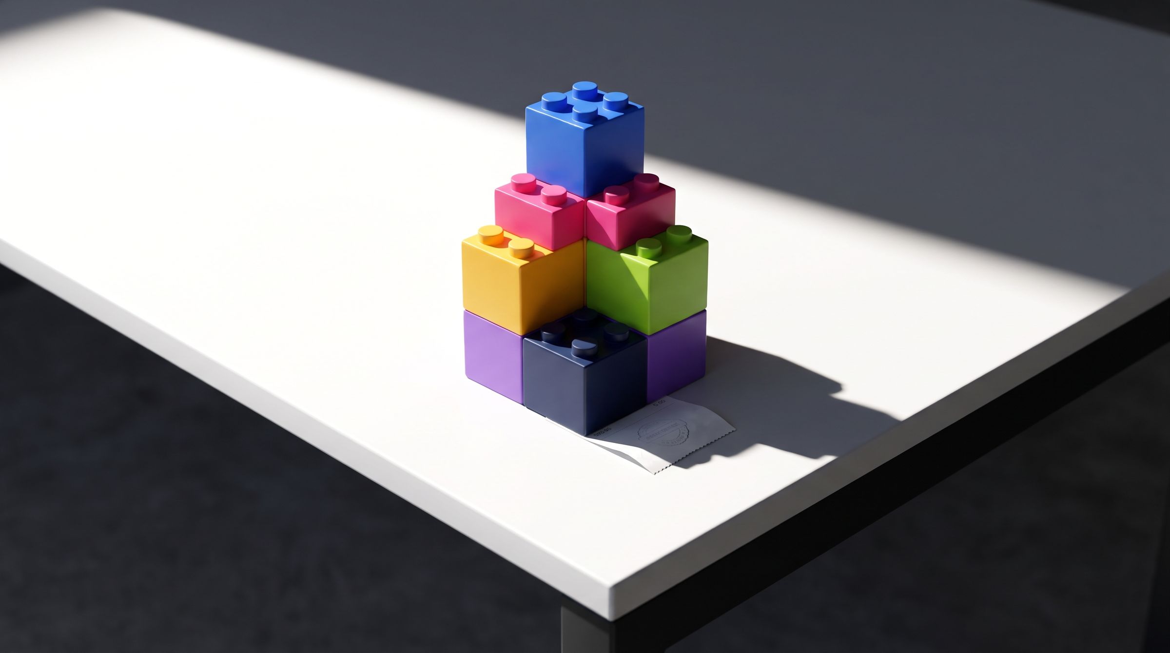A stack of bright toy blocks on a sunlit white desk, a paper receipt tucked underneath, hard shadows on the wood
