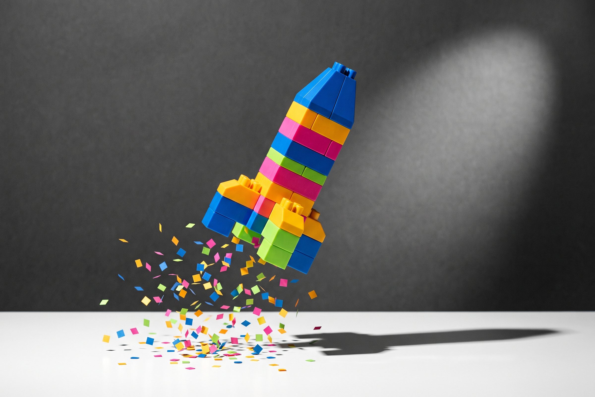 A bright block rocket lifting off a charcoal desk, blocks tumbling from its base in hard light