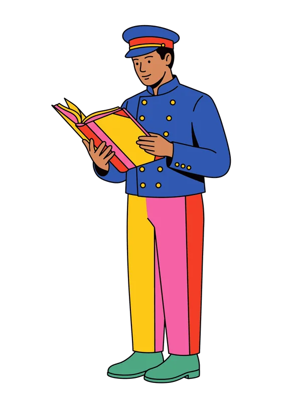 The purser, drawn in outline, reading a ledger. He fills with colour as each record arrives.